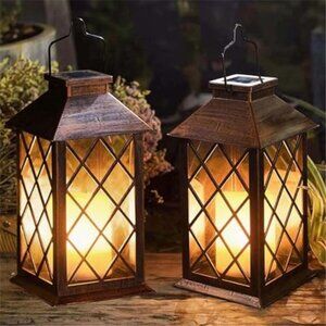 2 Pack Solar Lantern Outdoor Hanging LED Flickering Candle Waterproof Garden